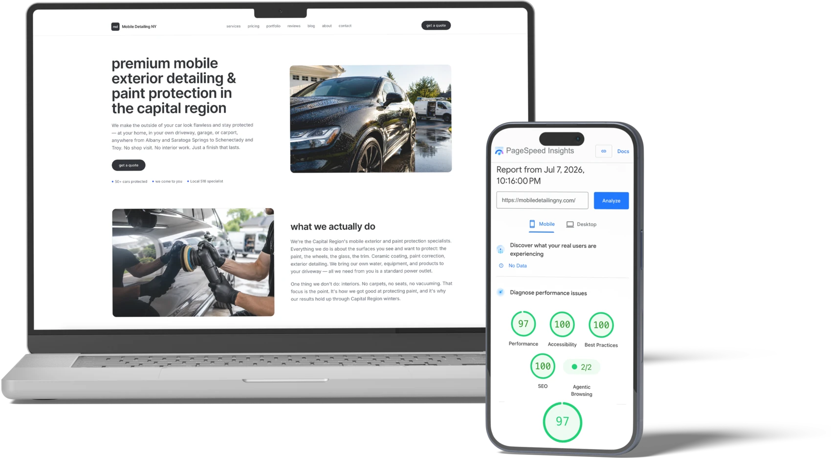 mobile detailing ny homepage on a laptop, with a real mobile pagespeed report scoring 97 on a phone