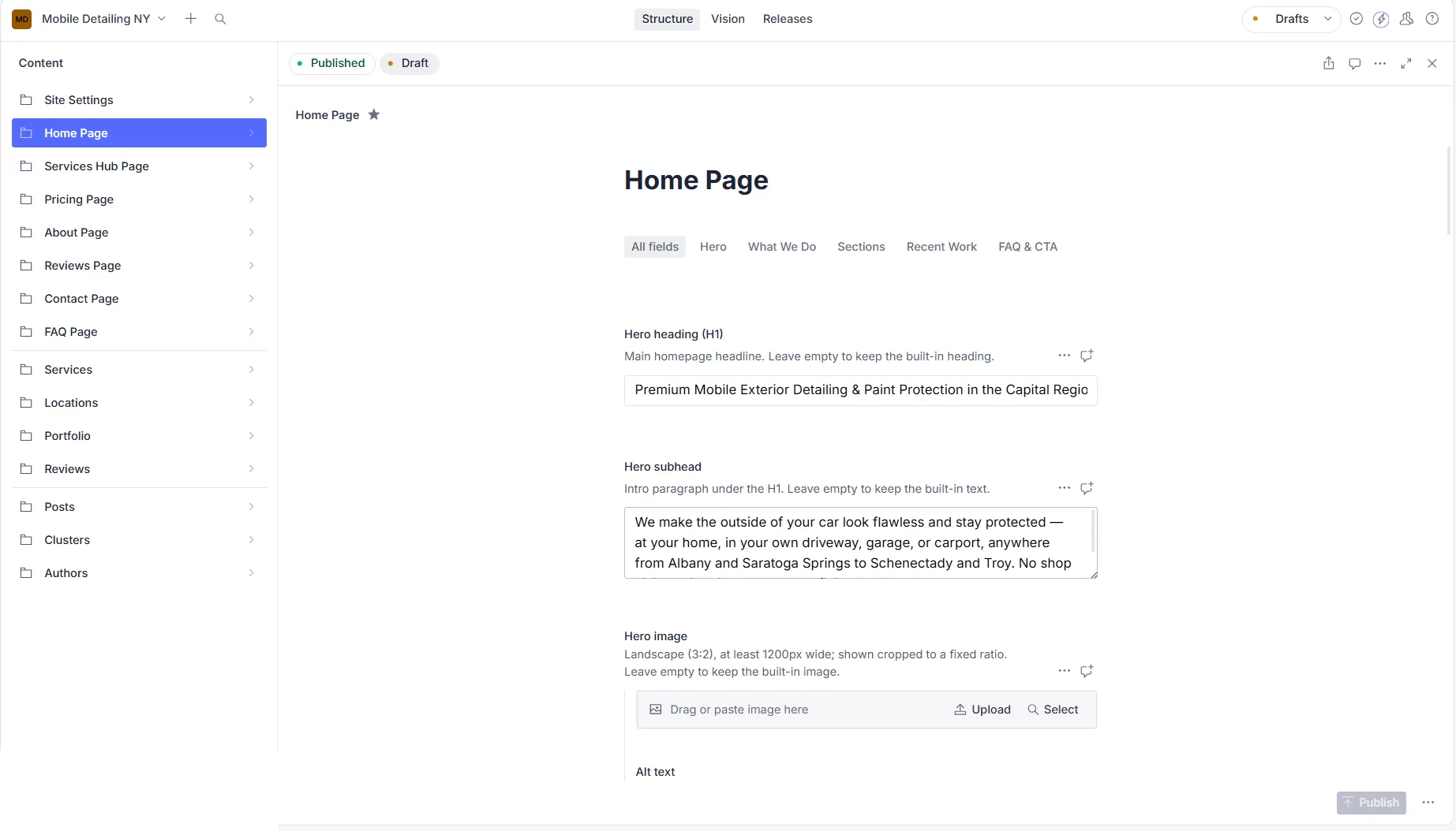 cms — editing the home page content