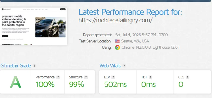 gtmetrix report — mobiledetailingny.com, grade A, performance 100%, structure 99%, lcp 502ms