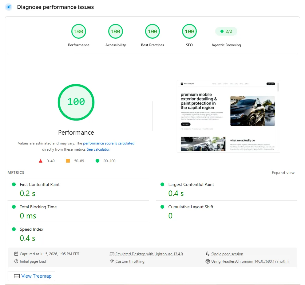 google pagespeed report — mobiledetailingny.com desktop, performance 100, accessibility / best practices / seo 100, lcp 0.4s