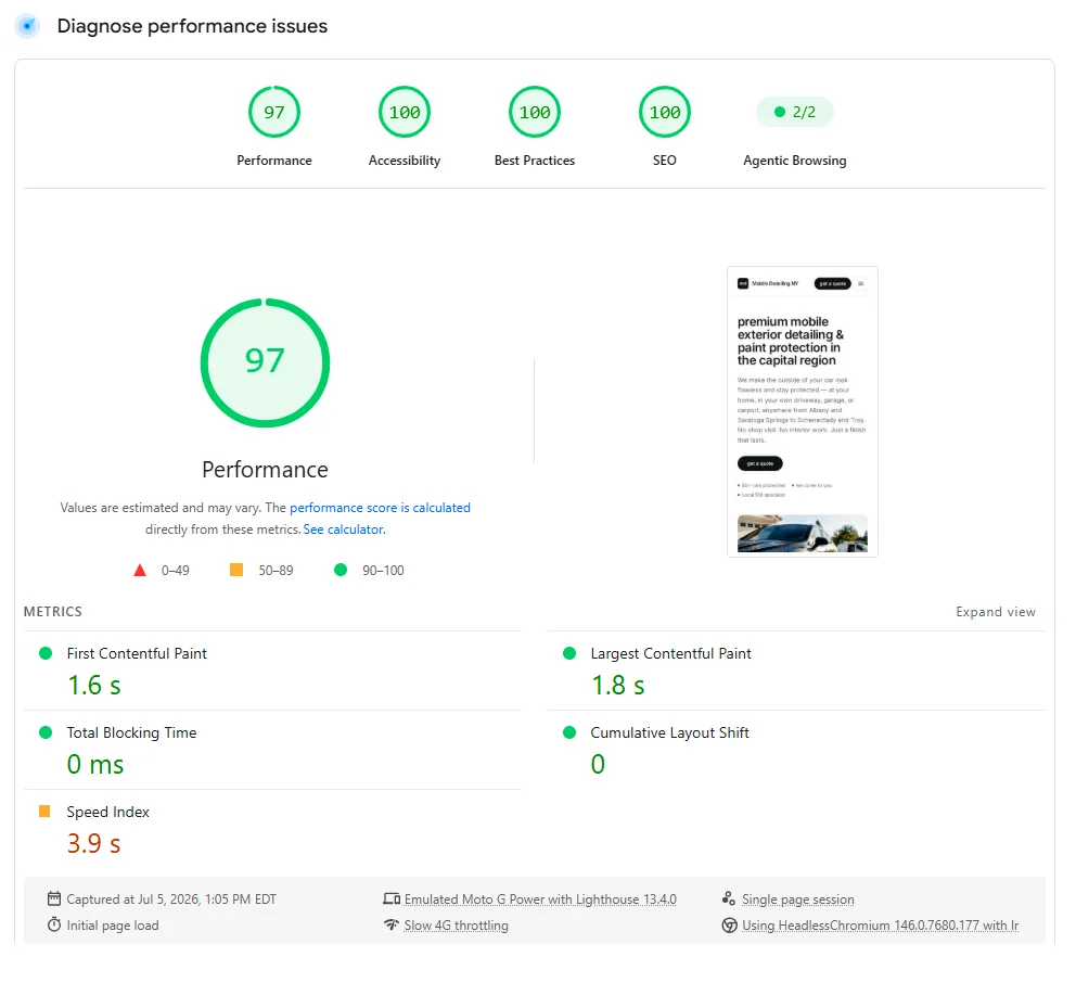 google pagespeed report — mobiledetailingny.com mobile, performance 97, accessibility / best practices / seo 100, lcp 1.8s