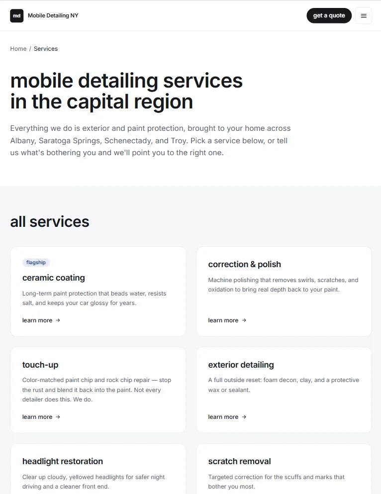 mobile detailing ny — tablet, services page