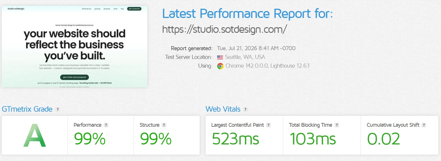 gtmetrix report — studio.sotdesign.com, grade A, performance 99%, lcp 0.5s, cls 0.02